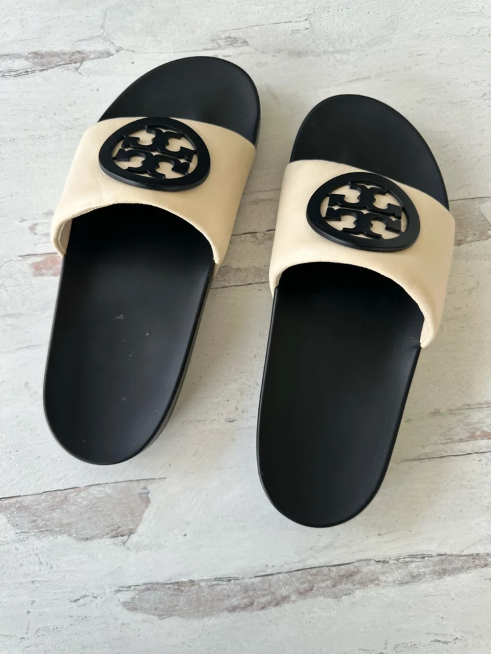 Tory Burch Black & Cream Logo Slide Sandals - Picture 2 of 12